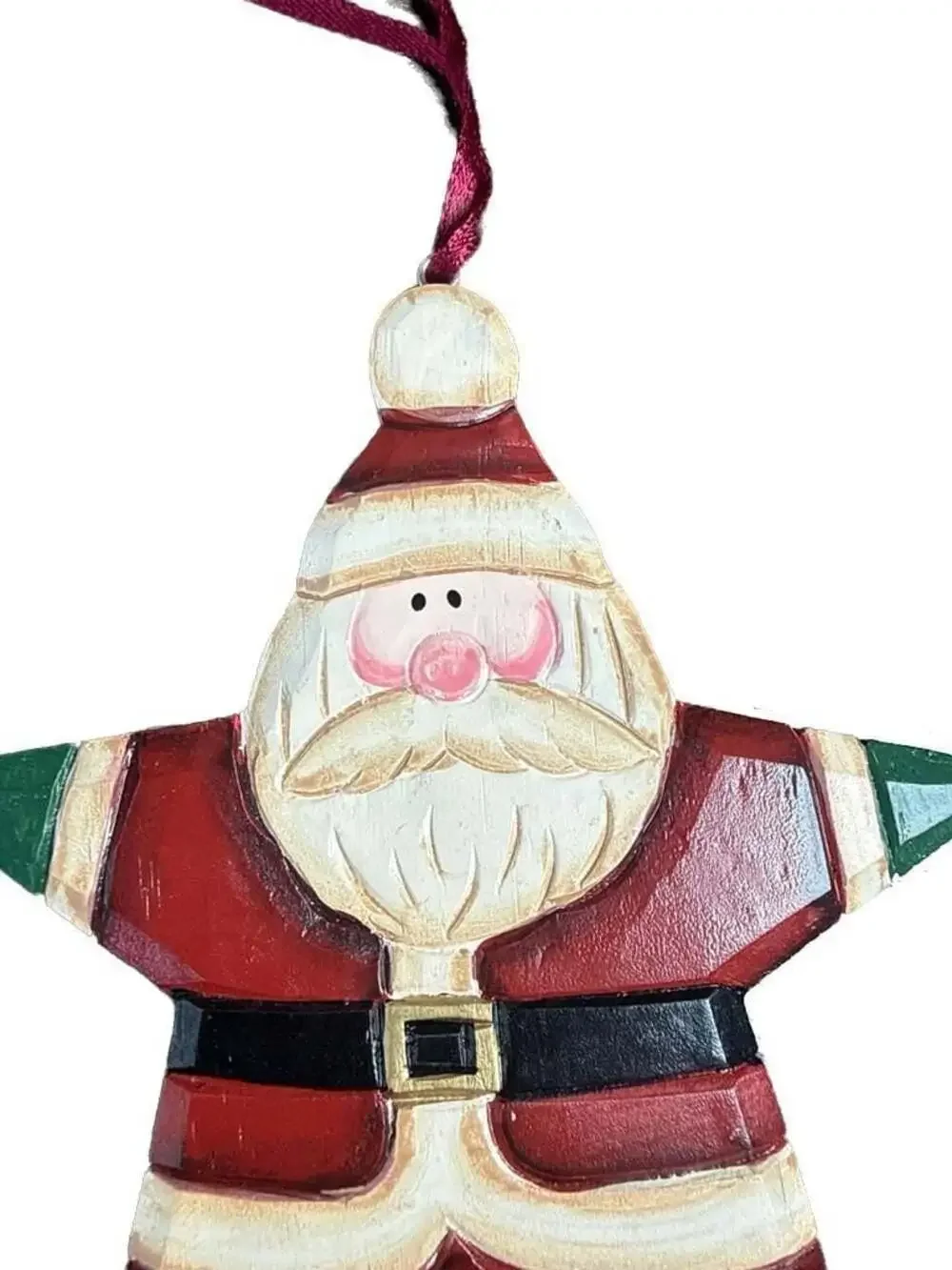Hand Carved Wooden Folk Art Star Santa Claus Christmas Ornament 6”x5”